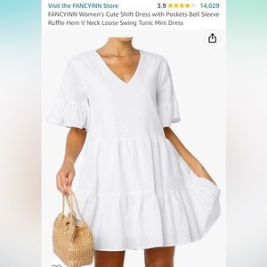 FANCYINN Shift Dress w/ Pockets Bell Sleeve Ruffle Hem V Neck Loose Sz S, White